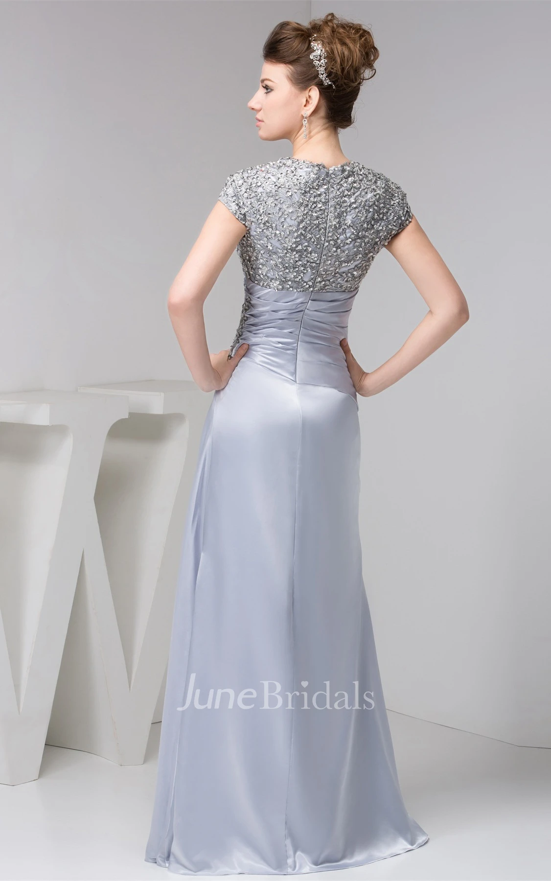 Caped-Sleeve Ruched Sheath Dress with Jewels and Appliques
