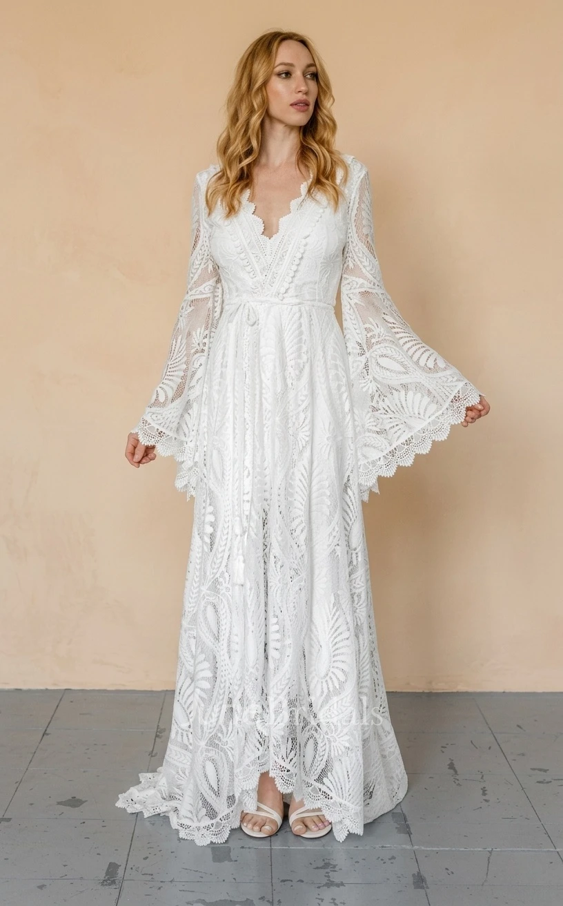 Floral Beach A-Line Boho Lace Long Bell Sleeve Spring Wedding Dress Vintage Modest Barn Country Sweep Train Illusion Back Bridal Gown