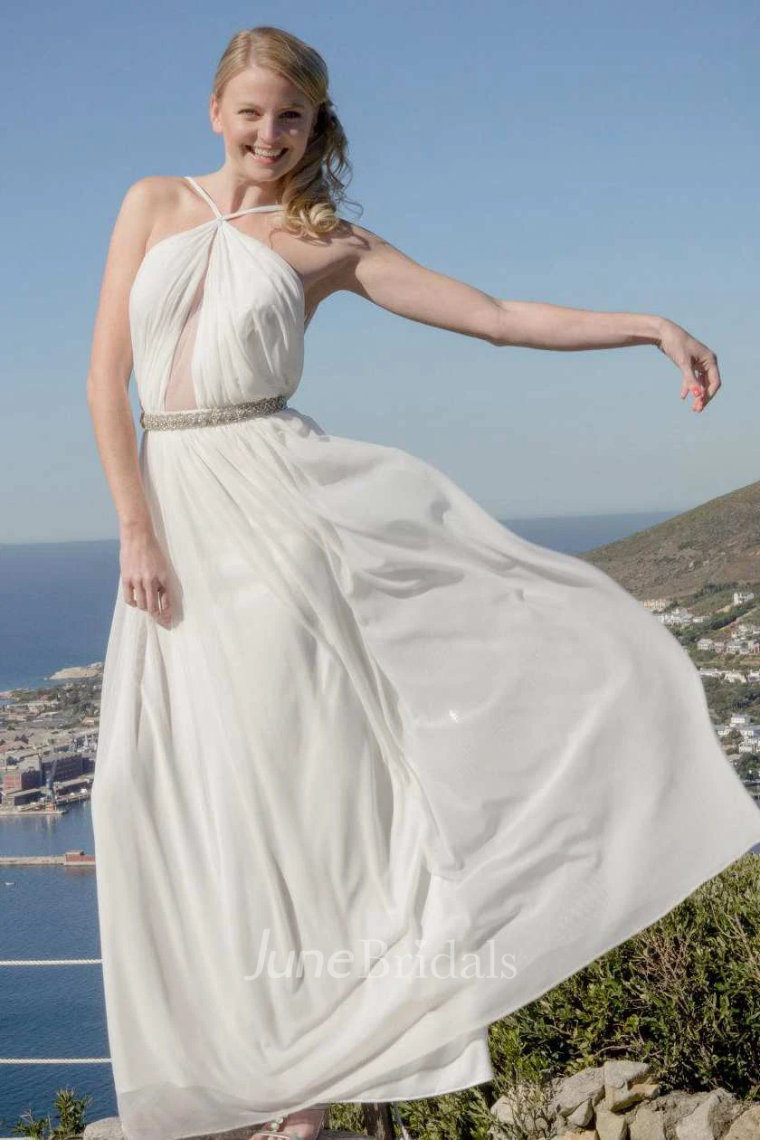 Spaghetti Chiffon Ruched Floor-Length Dress With Jeweled Waist