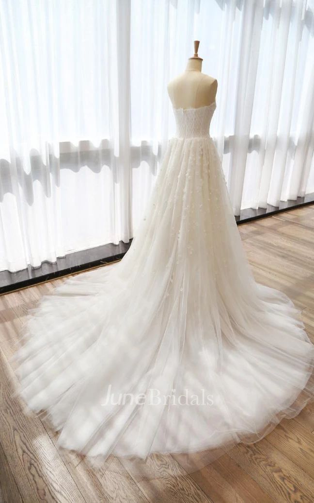 A-Line Tea-Length Sweetheart Sleeveless Bell Flower Zipper Keyhole Tulle Lace Satin Dress