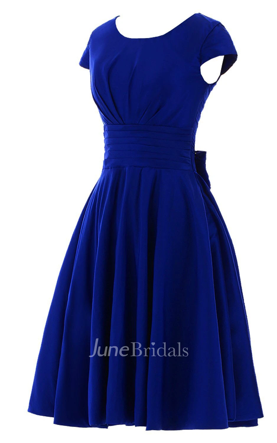 Short Sleeve Ruched Sash Midi-length Pleated Chiffon Dress