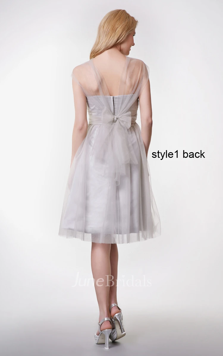 Short Sleeve Pleated Short A-line Tulle Dress With Changeable Ruched Belt