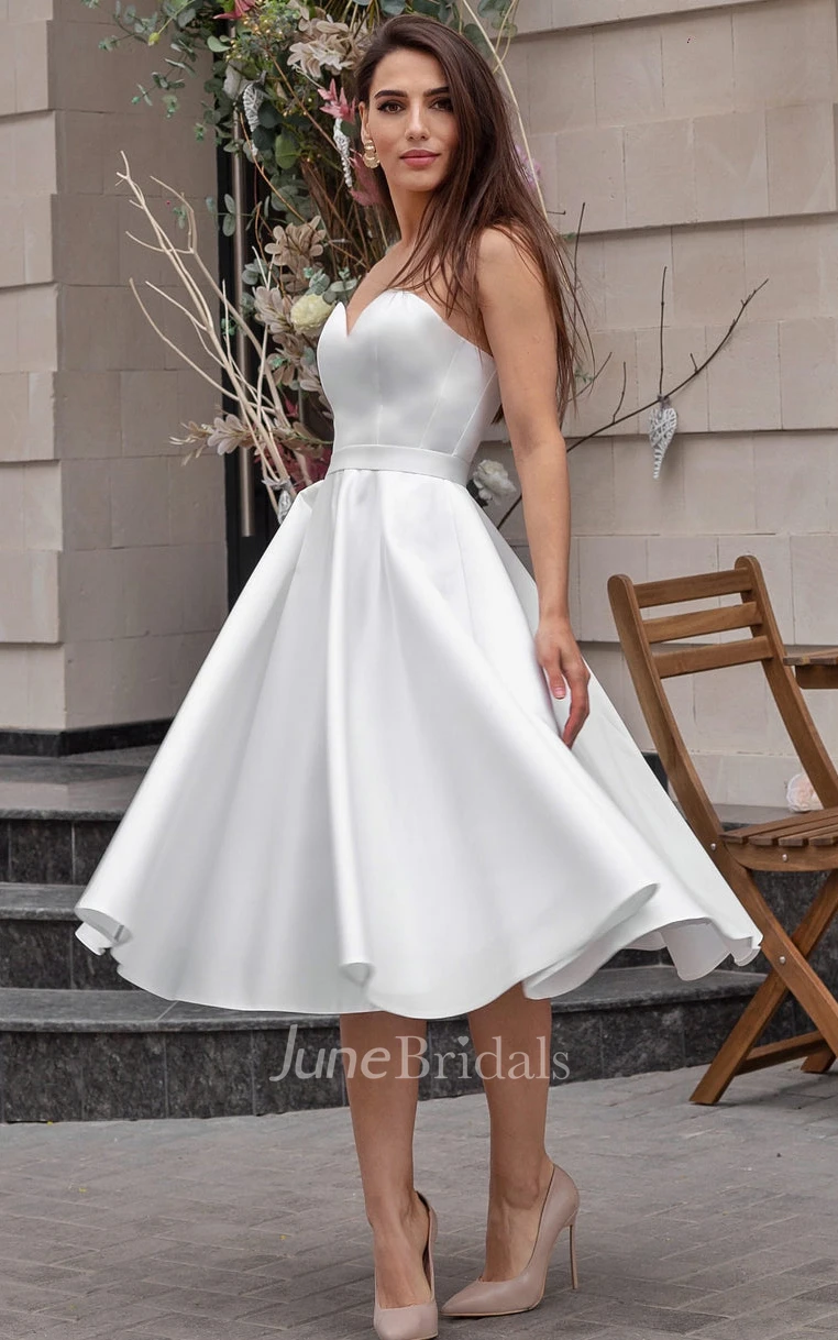 Sexy Sleeveless Tea-length Satin A Line Wedding Dress with Ribbon