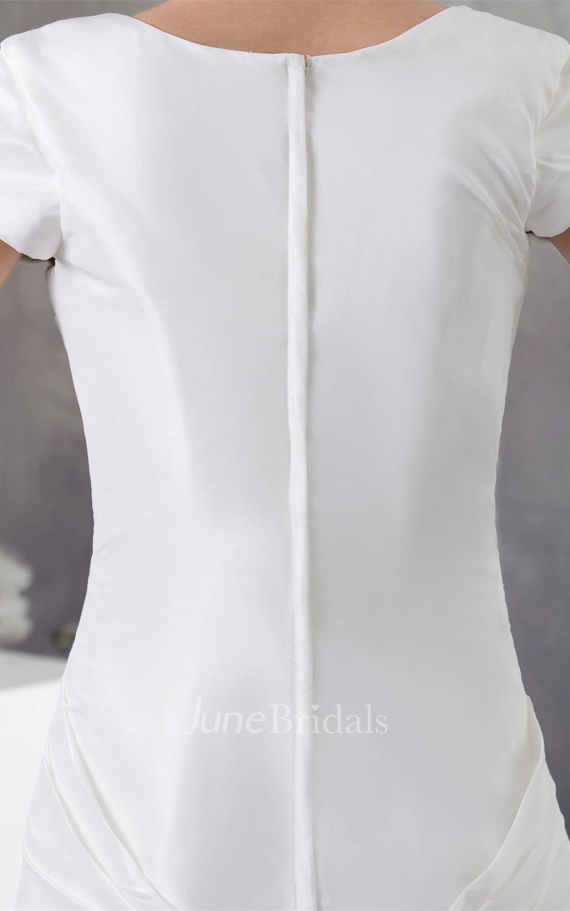 Scoop-Neckline Short-Sleeve Taffeta Gown with Criss-Cross and Beadings