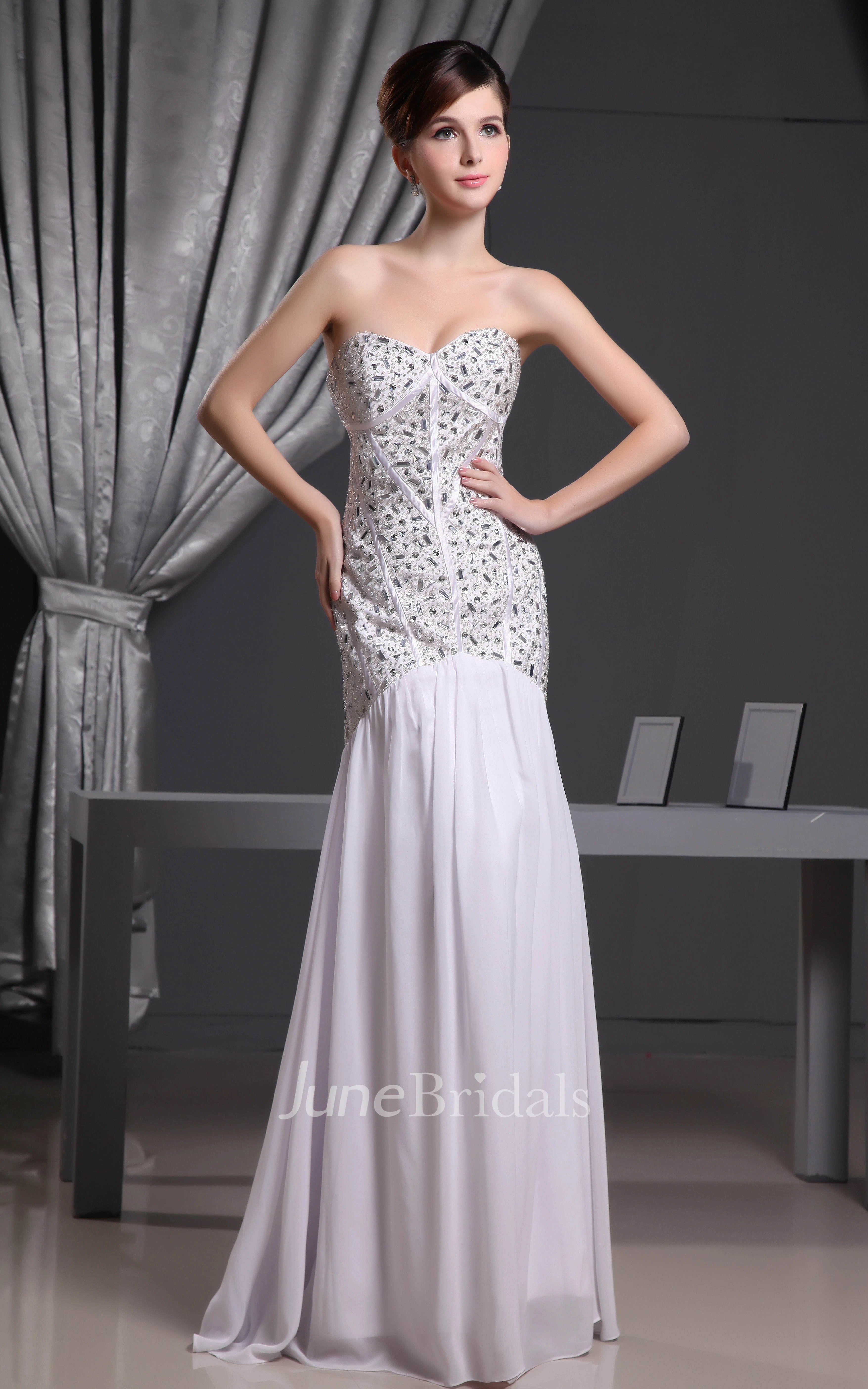 Strapless Chiffon Floor-Length Sheath Dress With Beading