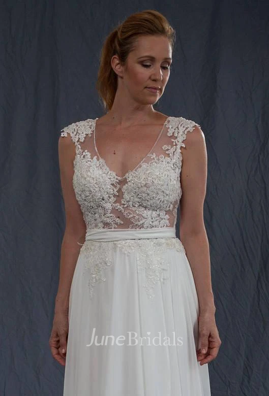 Plunged Cap-Sleeve Sleeveless Chiffon Wedding Dress With Keyhole And Appliques