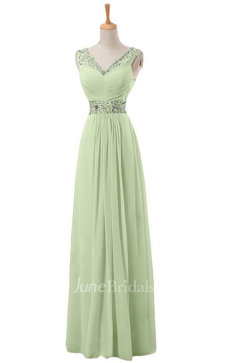 V-neck Long Empire Chiffon Dress With Rhinestones