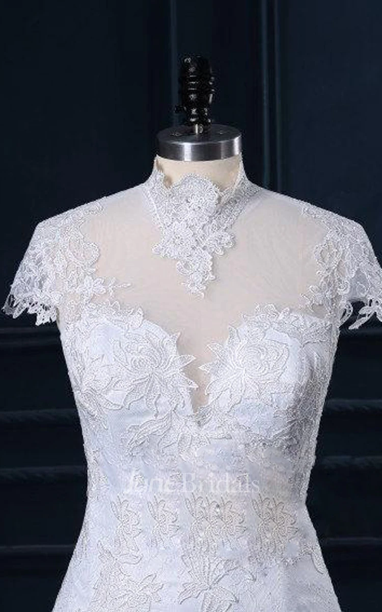 Trumpet High Neck Cap Sleeve Lace Organza Satin Dress With Appliques