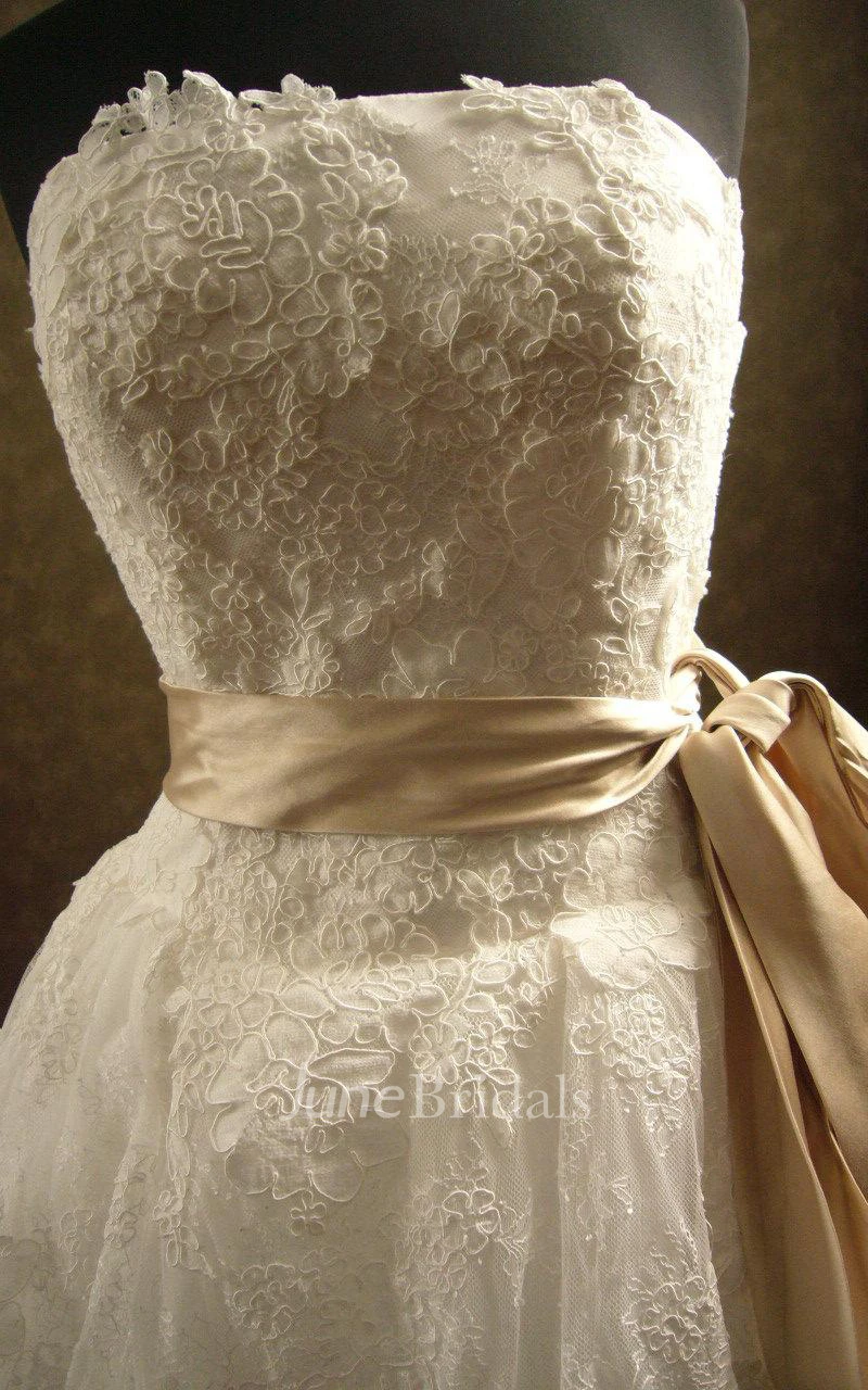 A-Line Ruffled Strapless Floor-Length Dress With Appliques And Tiers