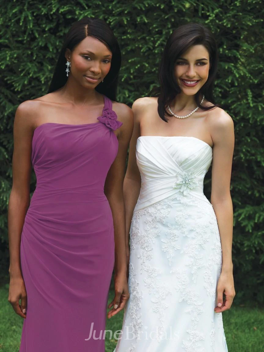 Sheath Column Pleats Strapless One Shoulder Lace Chiffon Bridesmaid Dress