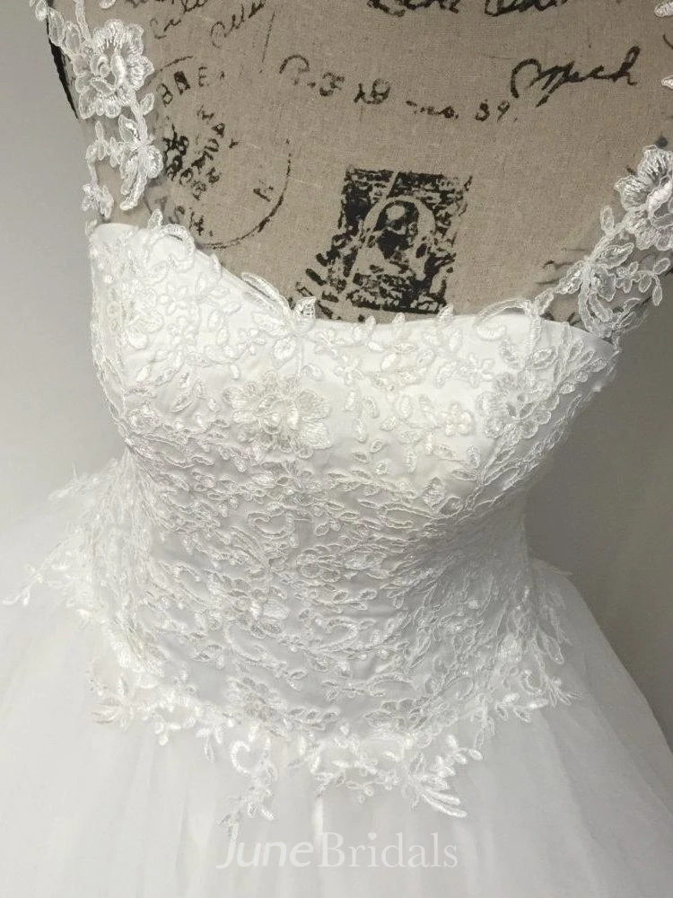 Off White Cap Sleeve Sweetheart Neck Pleated Tulle & Lace Wedding Dress