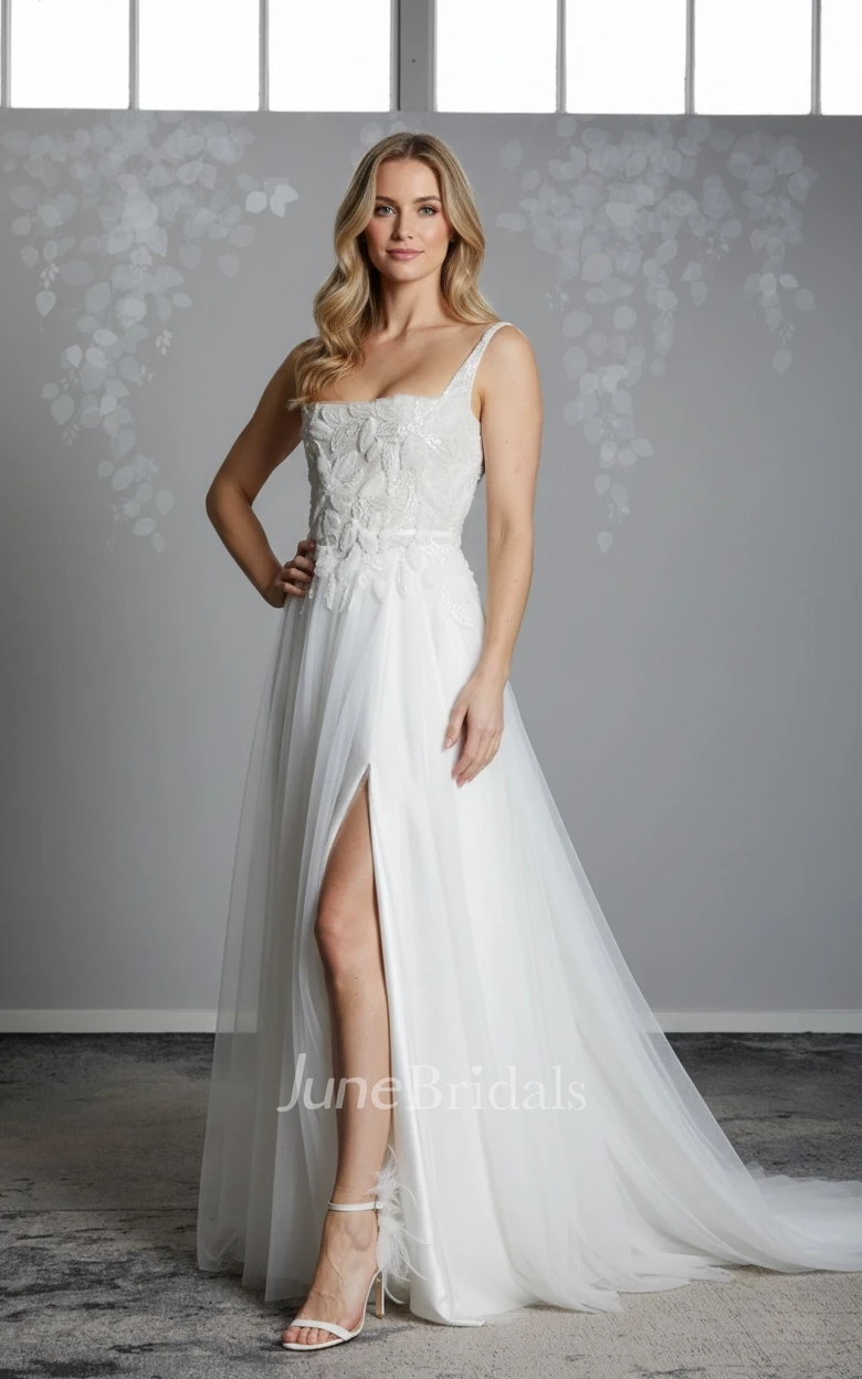 Modern Floral A-Line Square Neckline Boho Lace Spring Wedding Dress Sparkly Elegant 3D Appliques Beading Pearl Sequin Tulle Bridal Gown