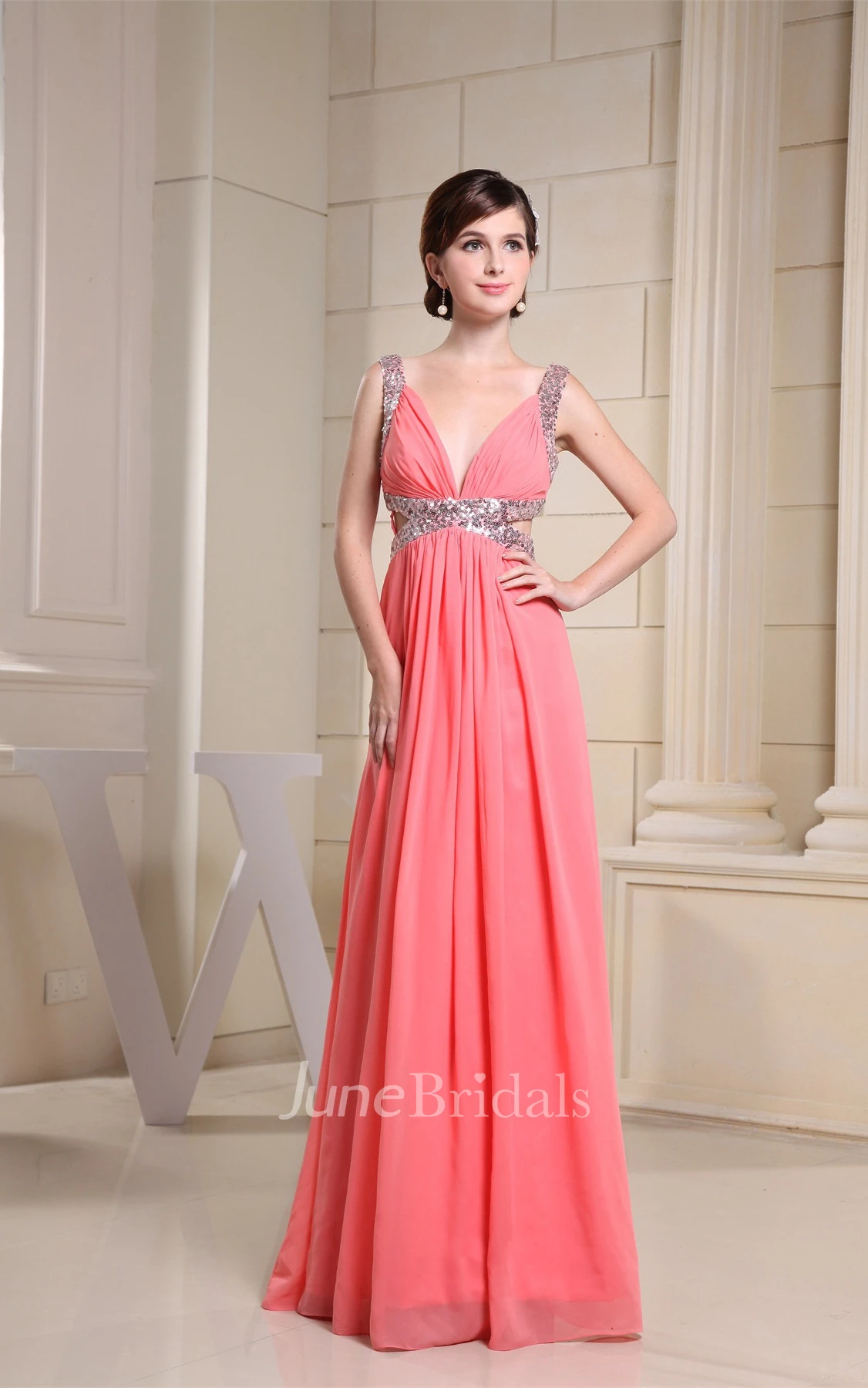 Deep-V-Neck Sleeveless Ruched A-Line Floor-Length Gown with Side Keyhole and Crystal Detailing