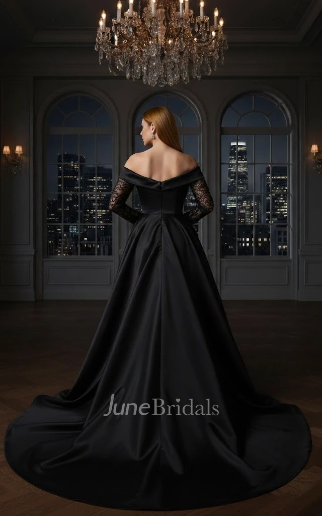 Off-the-Shoulder Gothic Black Wedding Dress Lace Long Sleeves Satin Evening Gown with Slit