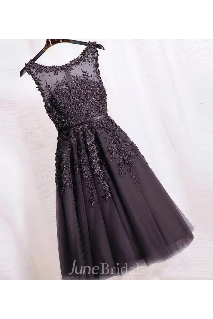 Tulle Adorable A-Line Scoop Petite Shortn Mini Sleeveless Zipper Back Appliques Bridesmaid Dress