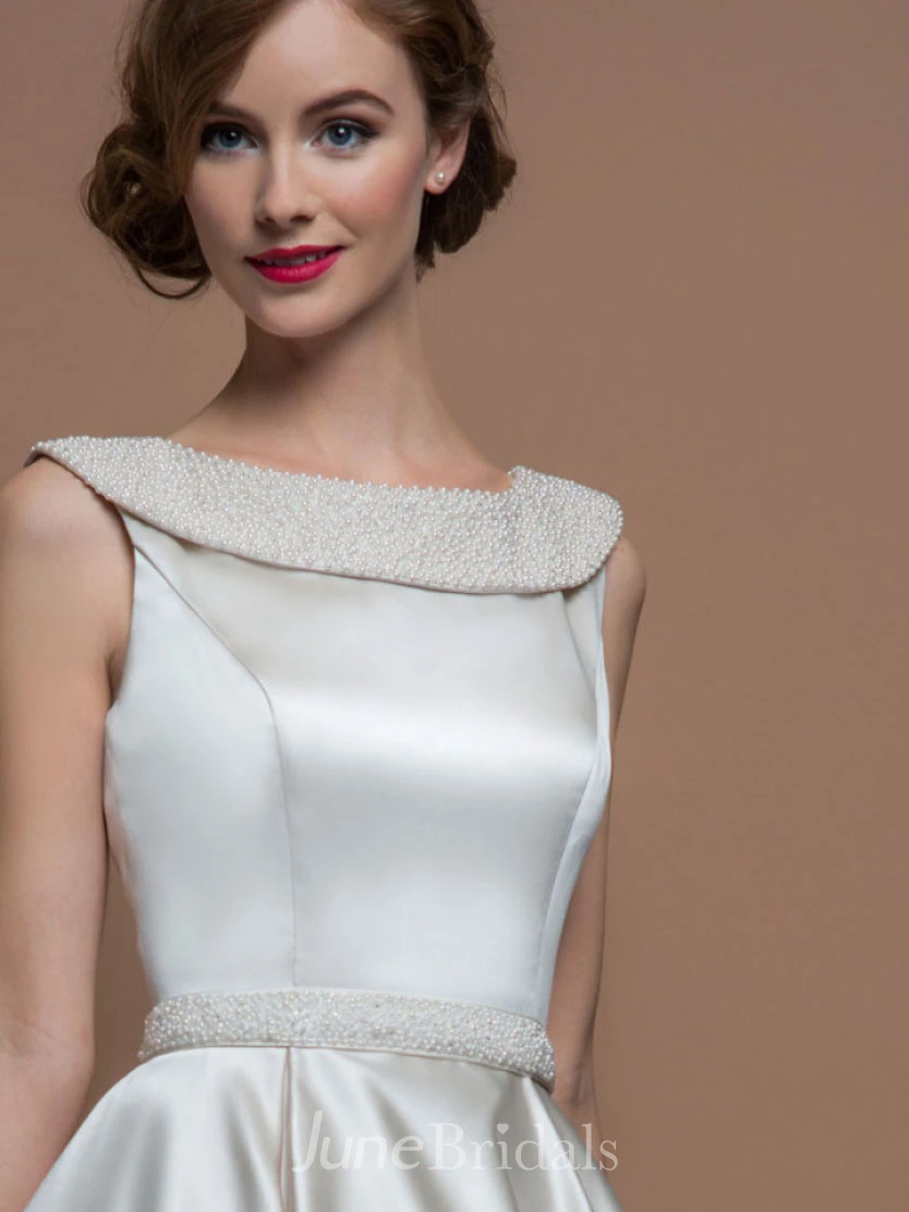 A-Line Scoop-Neck Tea-Length Satin Wedding Dress With Beading And V Back