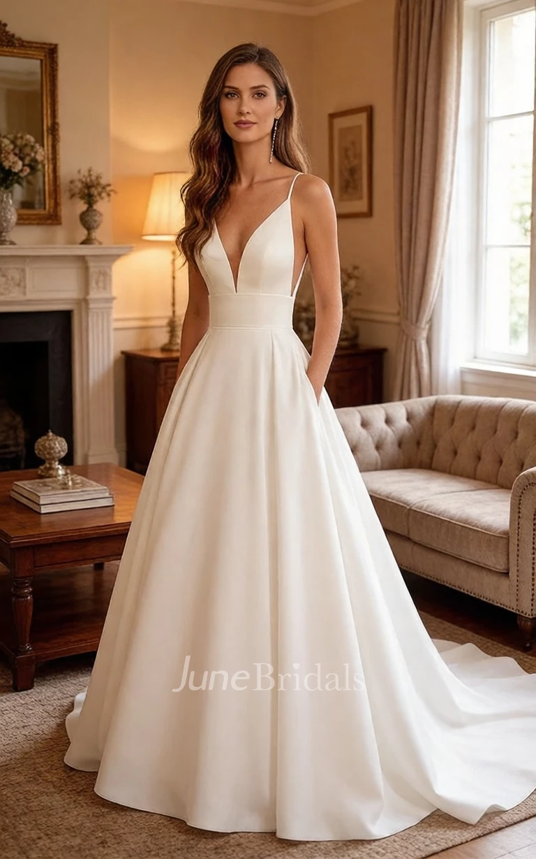 Minimalist A-Line Sleeveless Satin Wedding Dress Modern Deep V-Neckline Spaghetti Straps Pocket Bridal Gown