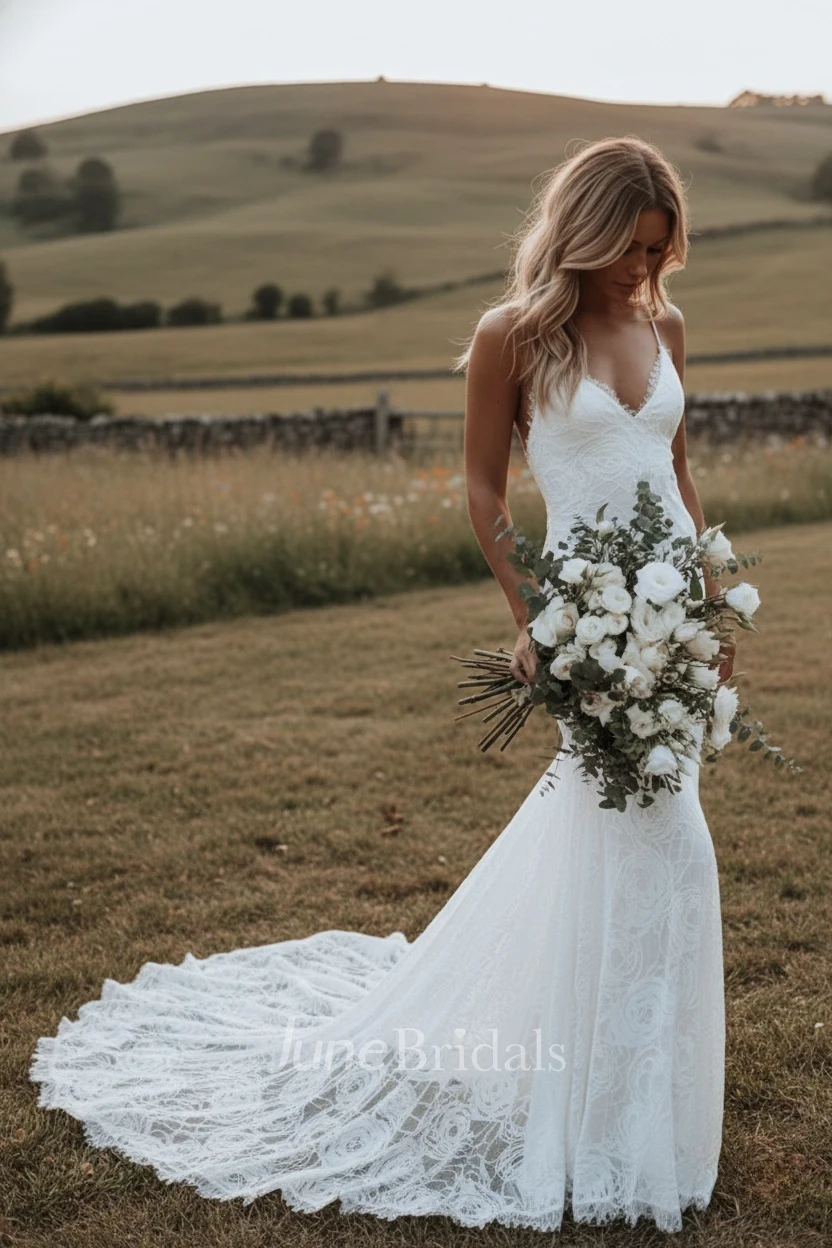 Country Boho Lace Barn Wedding Dress Sexy Spaghetti V-Neck Mermaid Bridal Gown