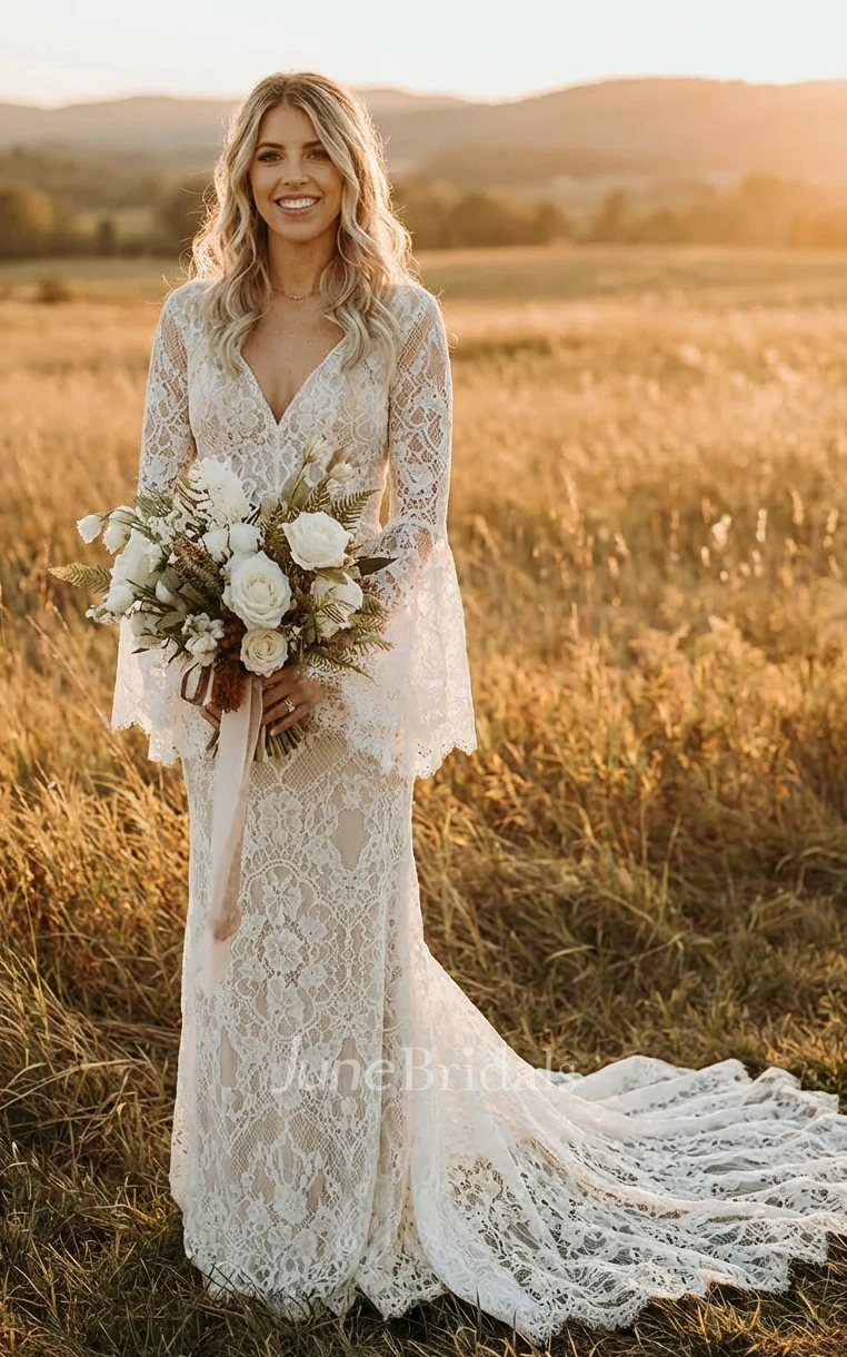 Boho Lace Bell Long Sleeve Spring Wedding Dress Mermaid V-Neck Western Bridal Gown