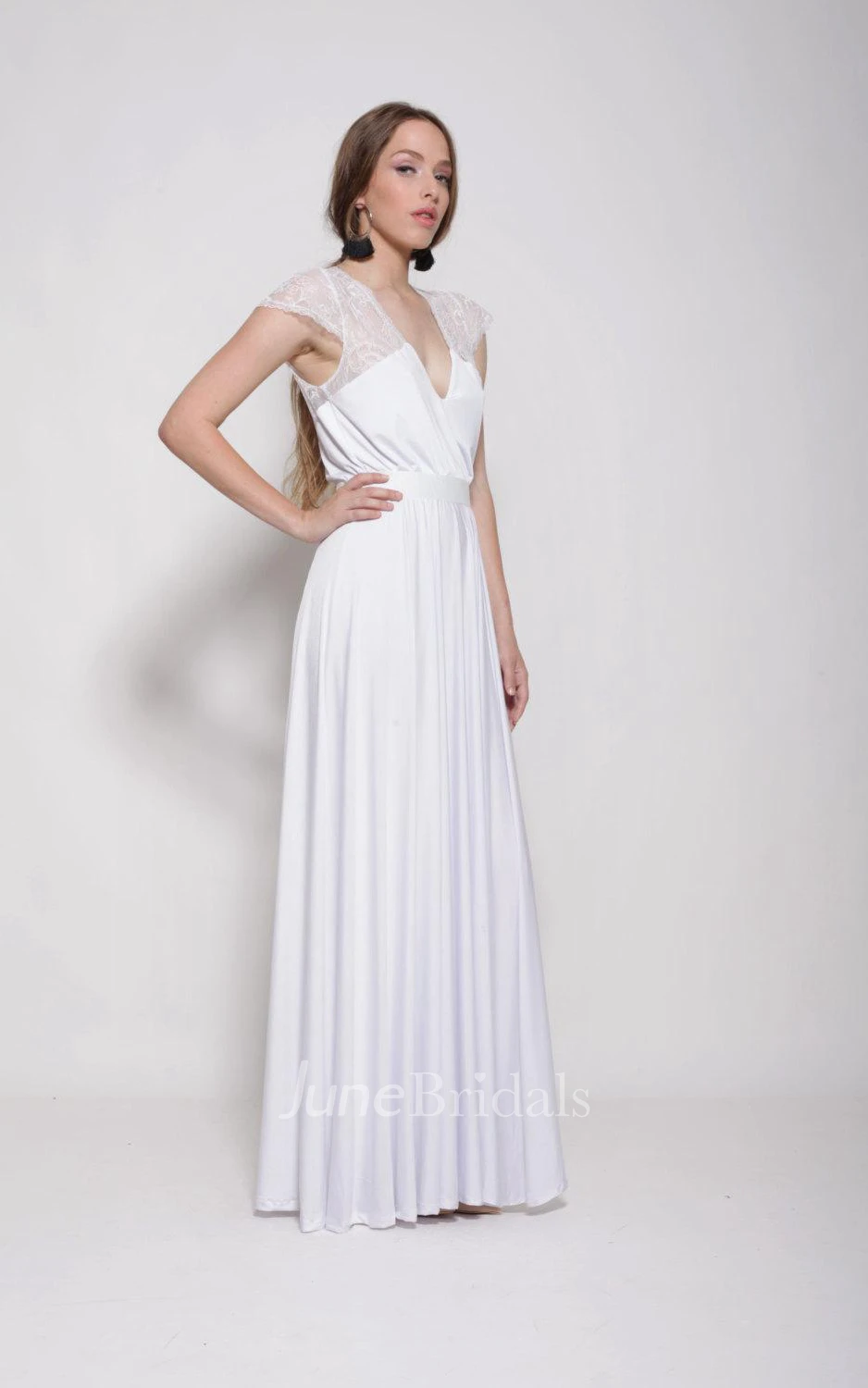 Sheath Pleated V-Neck Cap Dress With Pleats