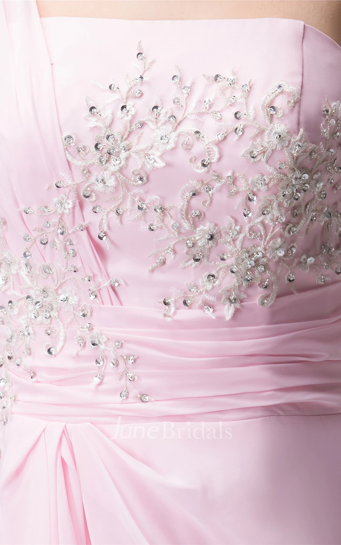 One-Shoulder Chiffon Draped Gown with Appliques and Beading