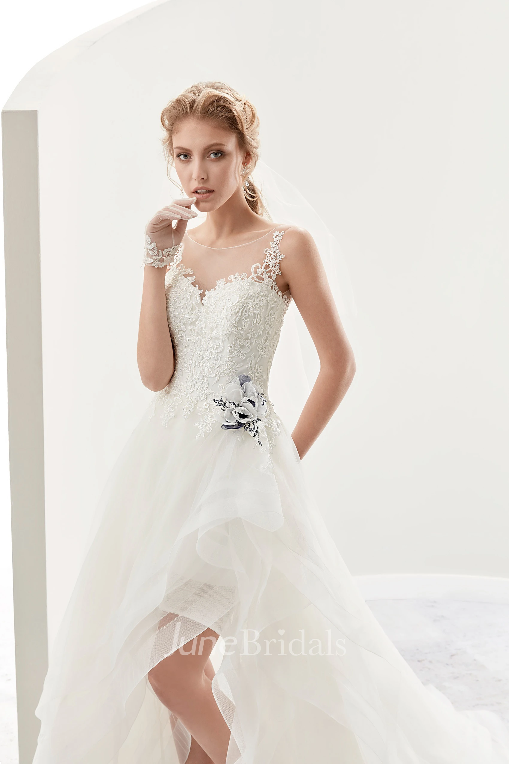 Cap sleeve High-low Bridal Gown with flower Embellishment and Ruffles