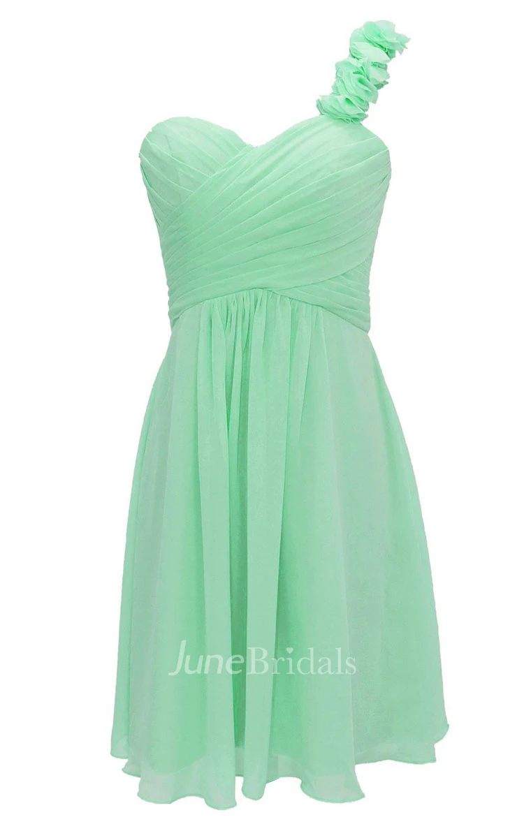 Floral One-shoulder Pleated Short Dress With Lace-up Back