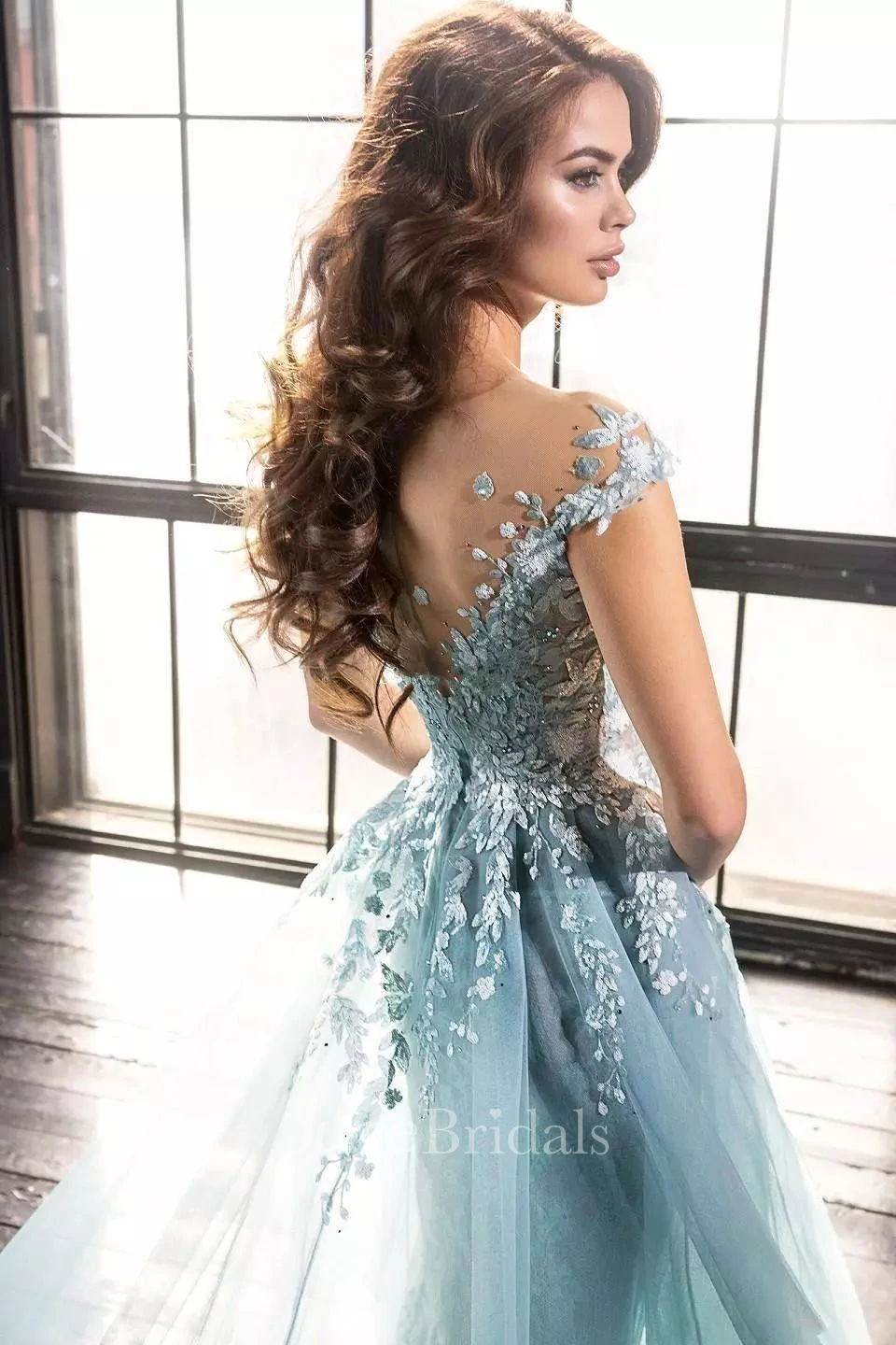 V-neck Lace TulleA-Line Ethereal Romantic Floor-length Cap Sleeveless Zipper Deep-V Back Appliques Evening Dress