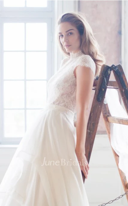 Ethereal Short Sleeve Floor-length Lace A Line Wedding Dress with Ruffles