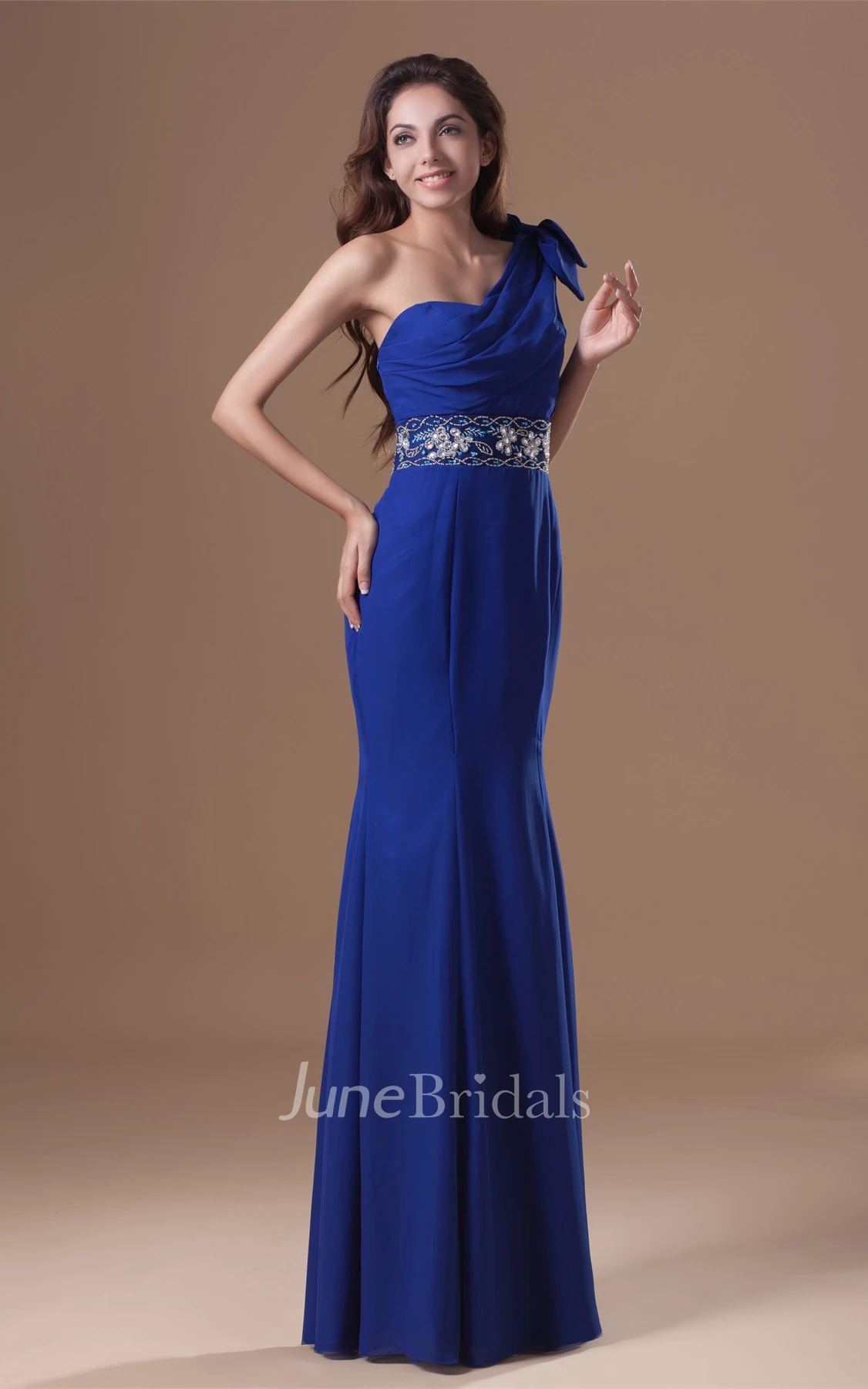 one-shoulder sheath chiffon dress with epaulet and jeweled waist