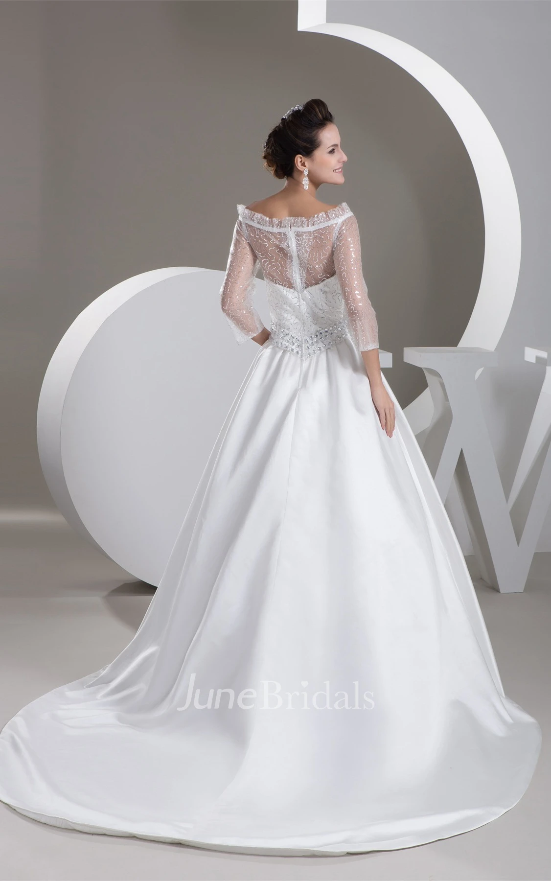 Off-The-Shoulder Satin A-Line Gown with Illusion and Gemmed Waist