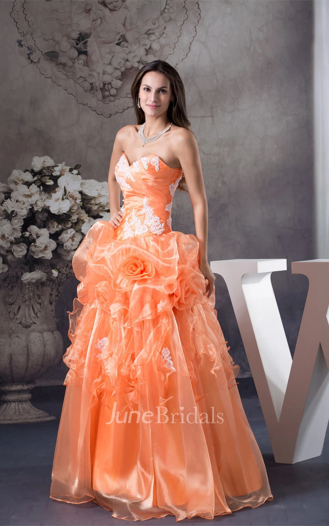 Sweetheart Ruffled Ball Gown with Flower and Appliques