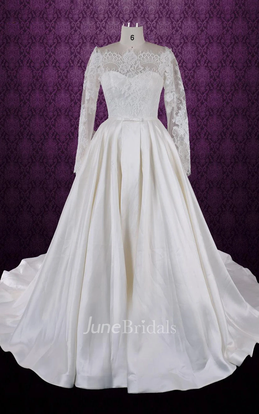 Bateau Neck Taffeta Weddig Dress With Long Lace Sleeves