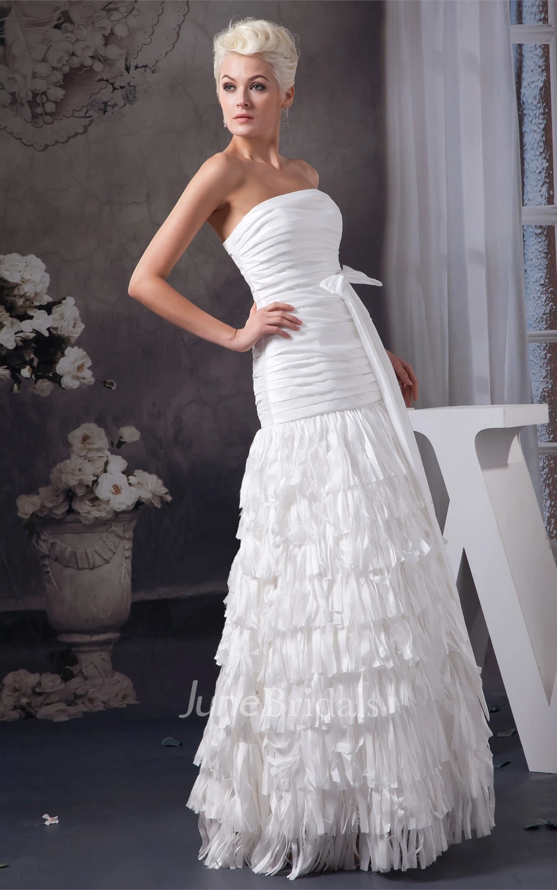 Strapless Ruched A-Line Dress with Ribbon and Tiers