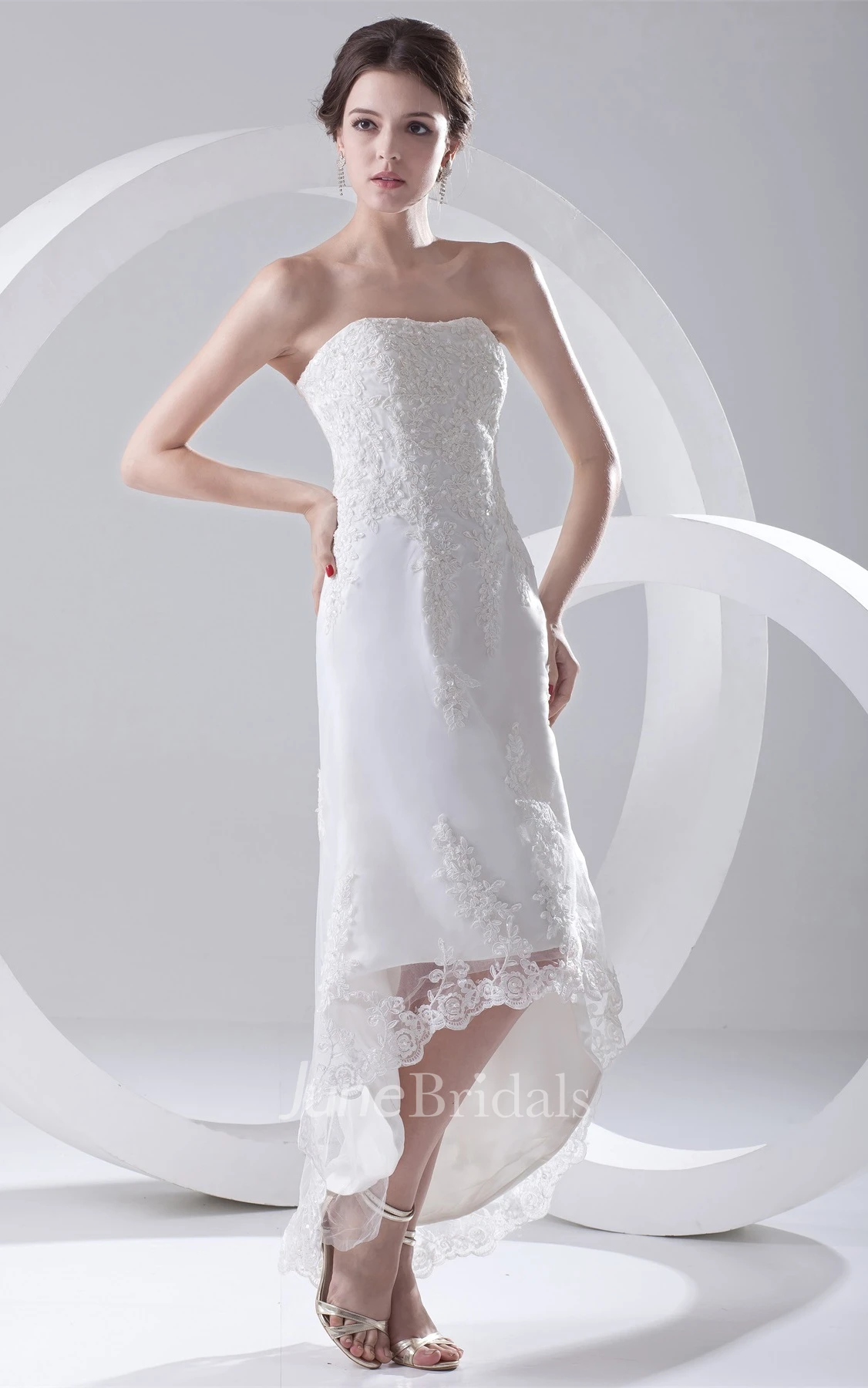 lace high-low strapless dress with crystal detailing