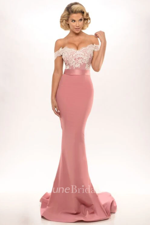 Trumpet Off-The-Shoulder Long Appliqued Jersey Prom Dress