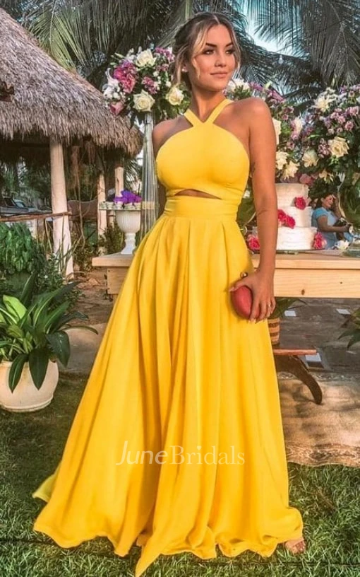 Casual A Line Chiffon Halter Sleeveless Evening Dress with Pleats