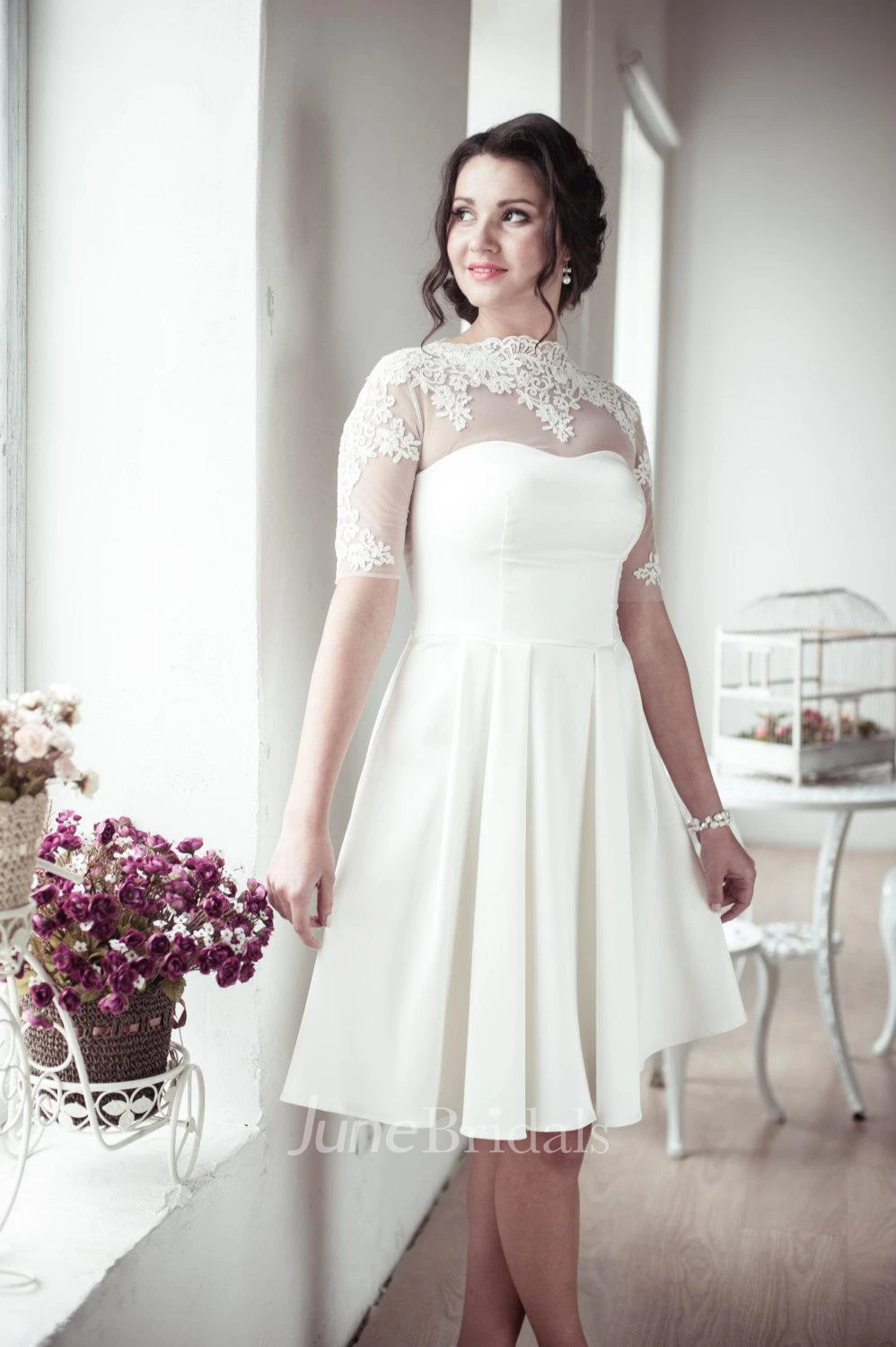 Romantic Lace Half Sleeve High Neck Pleated A-Line Short Wedding Dress