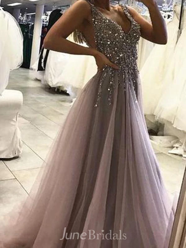 Deep V-neck Backless Split Sweep Train Prom Dress with Beading