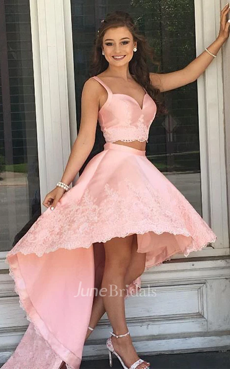 Casual Two Piece Satin Lace Spaghetti V-neck Sleeveless Homecoming Dress