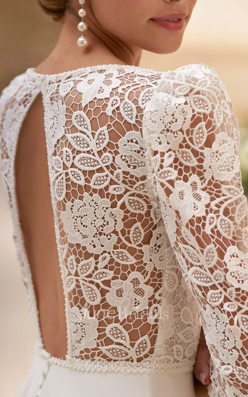 Romantic Vintage A-Line Boho Lace Split Front Warm Wedding Dress Sexy Floral Round Neck Teardrop Back Sheer Three-Quarter Sleeve Chiffon Bridal Gown