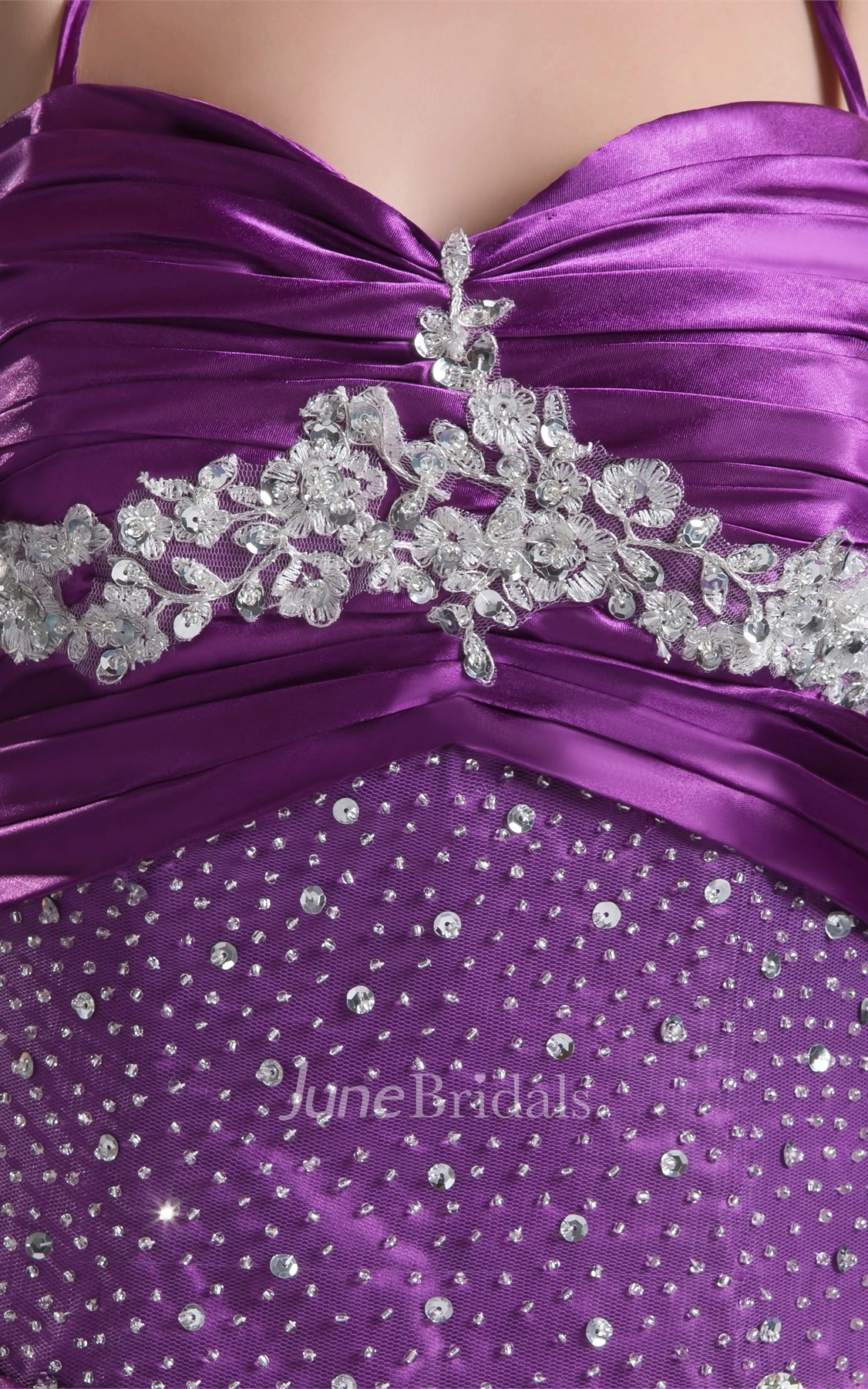 Spaghetti-Strap Beaded A-Line Gown with Pleats and Bow