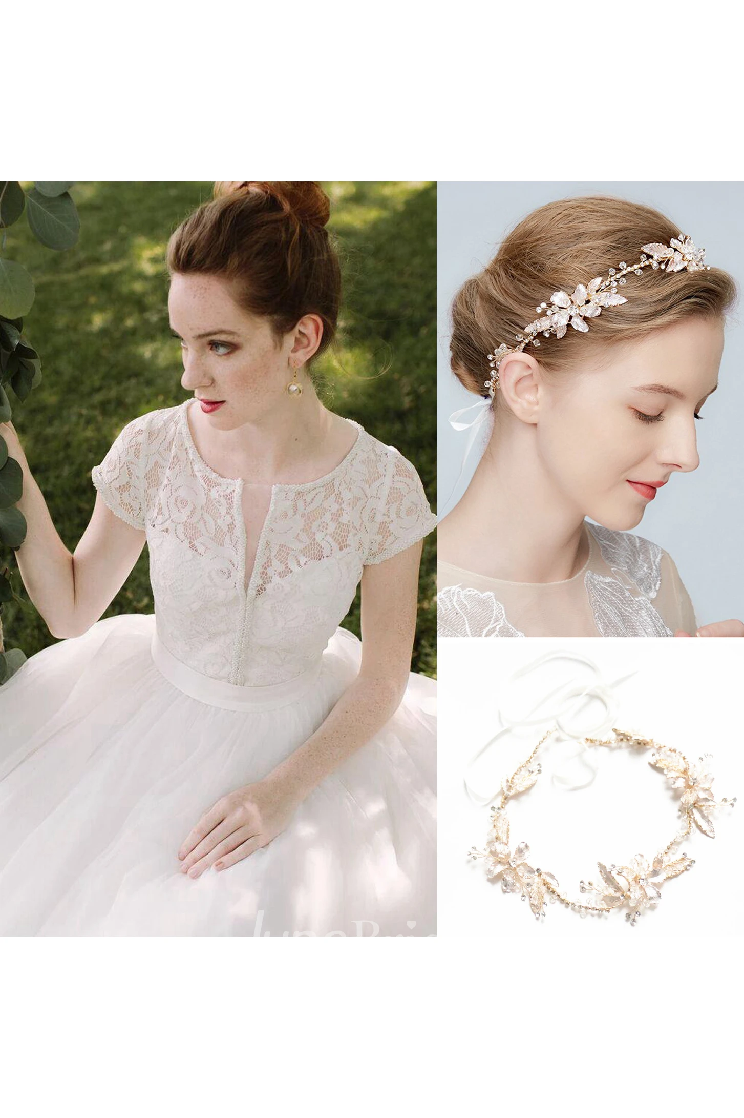 Lace Short Sleeve Bateau Dress With Split Front and Beautiful Flowers Leaves Vine Rhinestones Crystal Soft Band