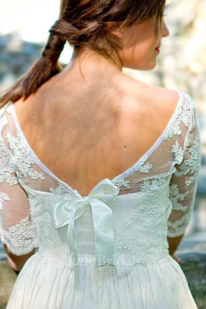 Bateau Illusion Half Sleeve Lace Floor-Length Wedding Dress With Low-V Back