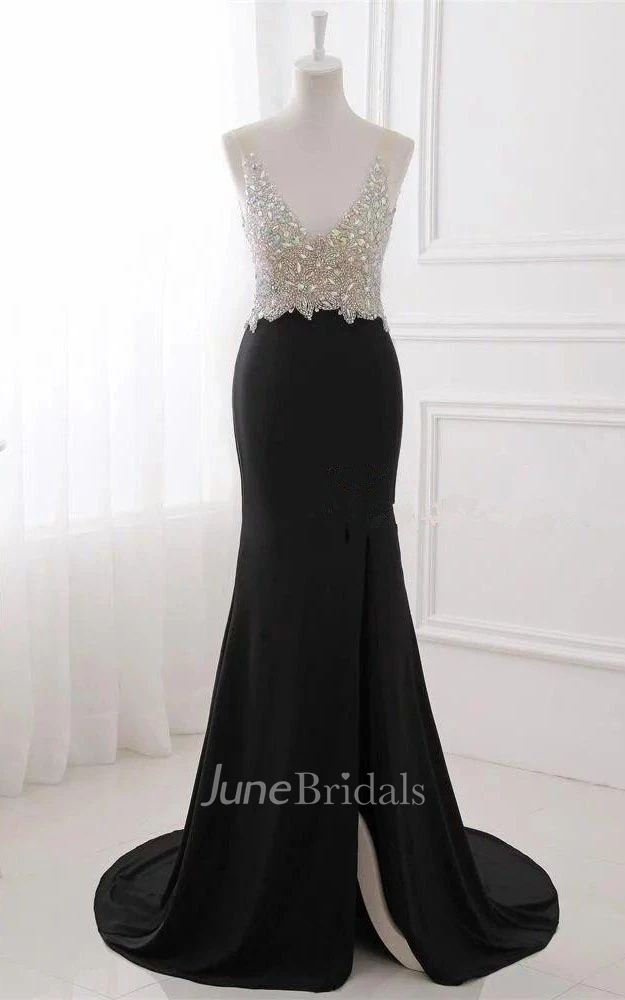 Long V-neck Mermaid Dress With Beading And Split