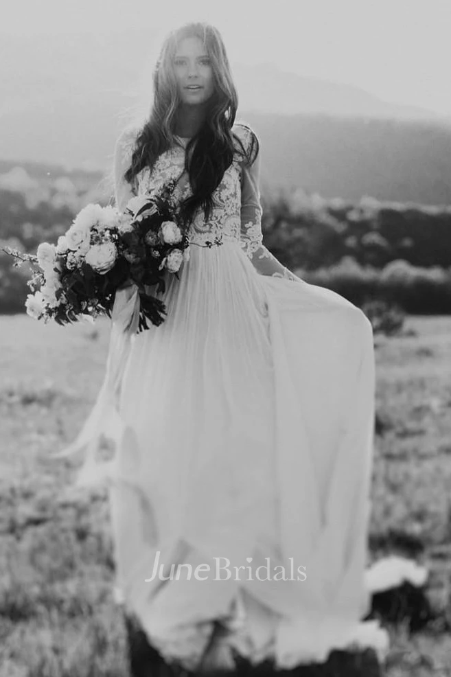 Elegant Floral Long Sleeve Boho A-Line Lace Warm Wedding Dress Rustic Western Casual Jewel Neck Chiffon Gown with Floor Length