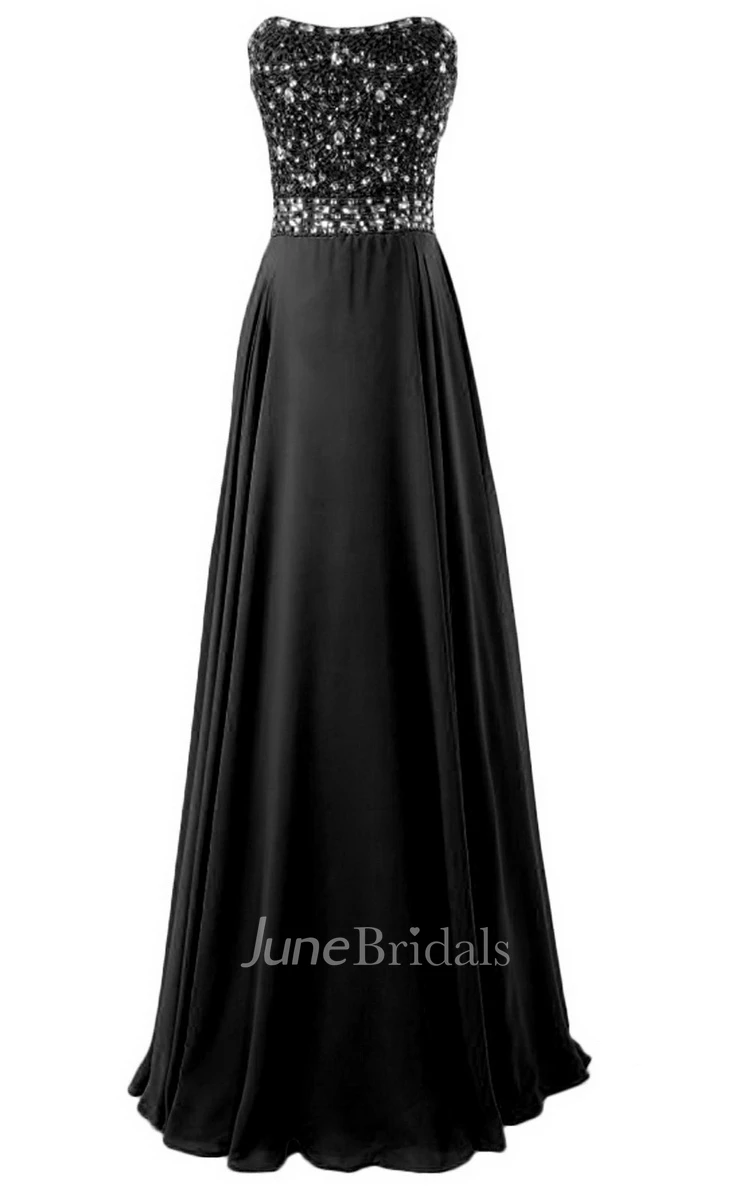 Strapless Long Satin Dress With Beaded Bodice