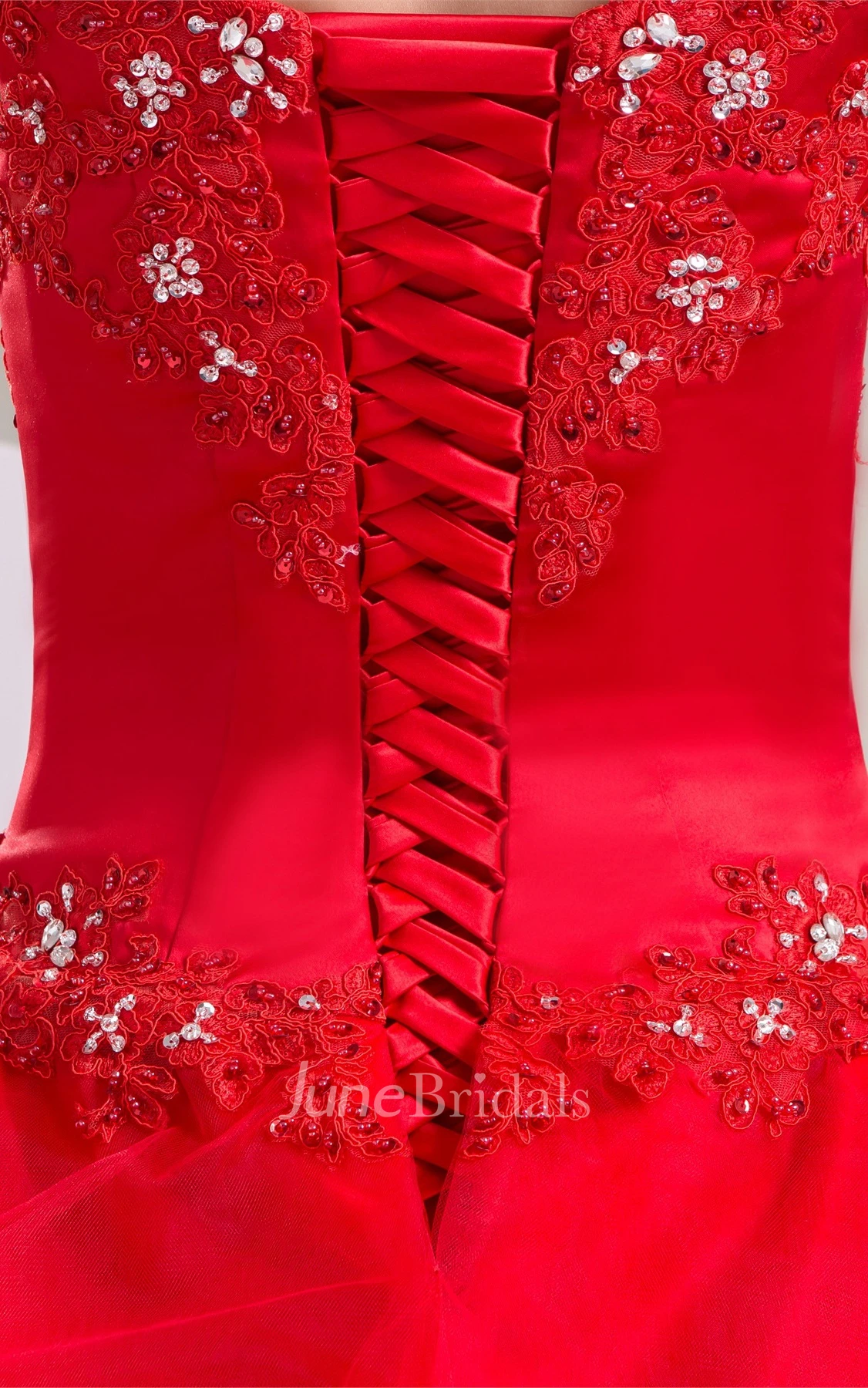 Off-The-Shoulder Ruffled Ball Gown with Appliques and Corset Back