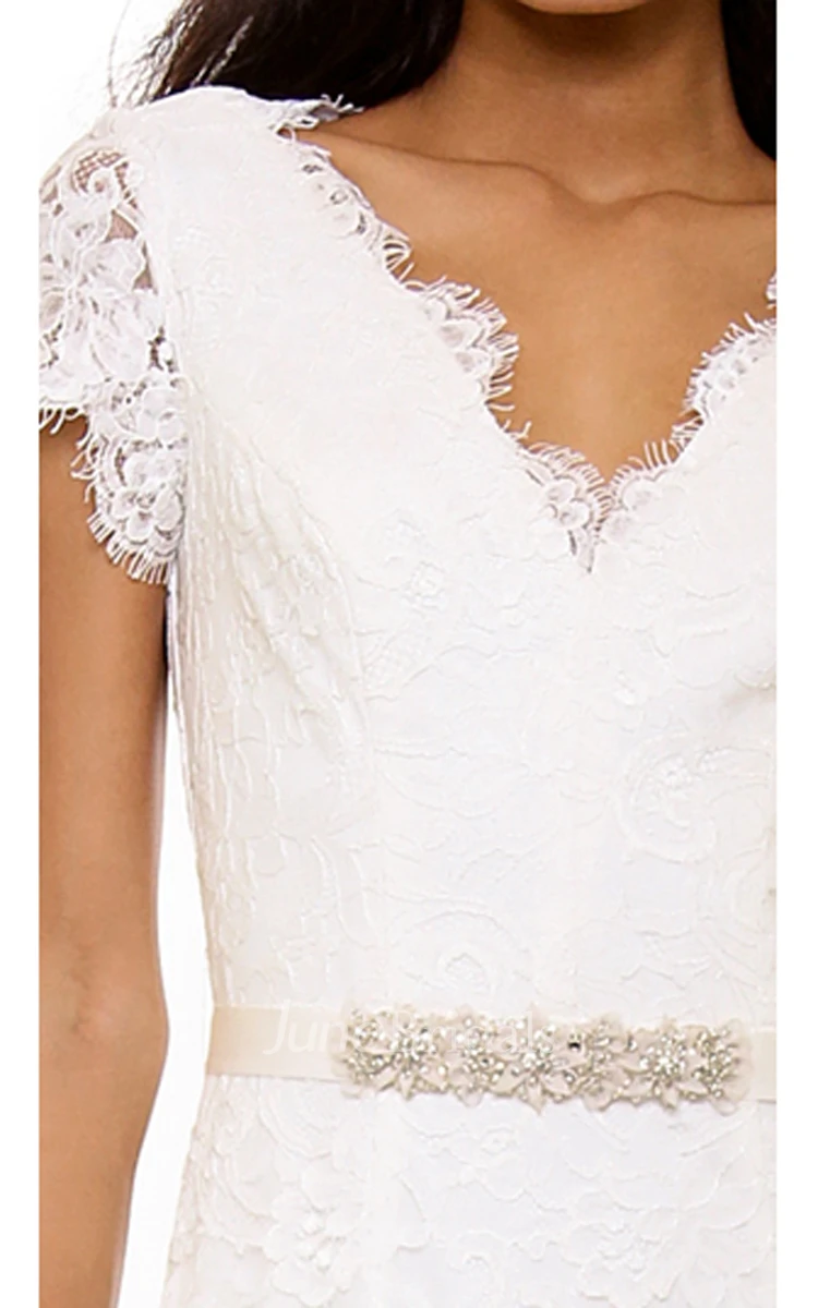 Low-V Neckline A-line Lace Sweep Floor Dress With Low-V Back Style