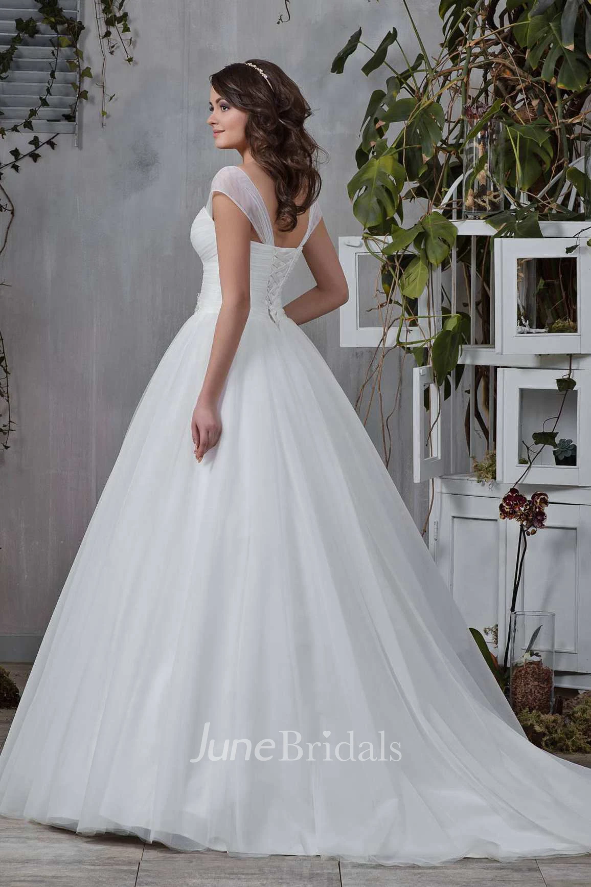 Cap-Sleeve Sweetheart Criss-Cross Tulle Ball Gown With Beading And Corset Back